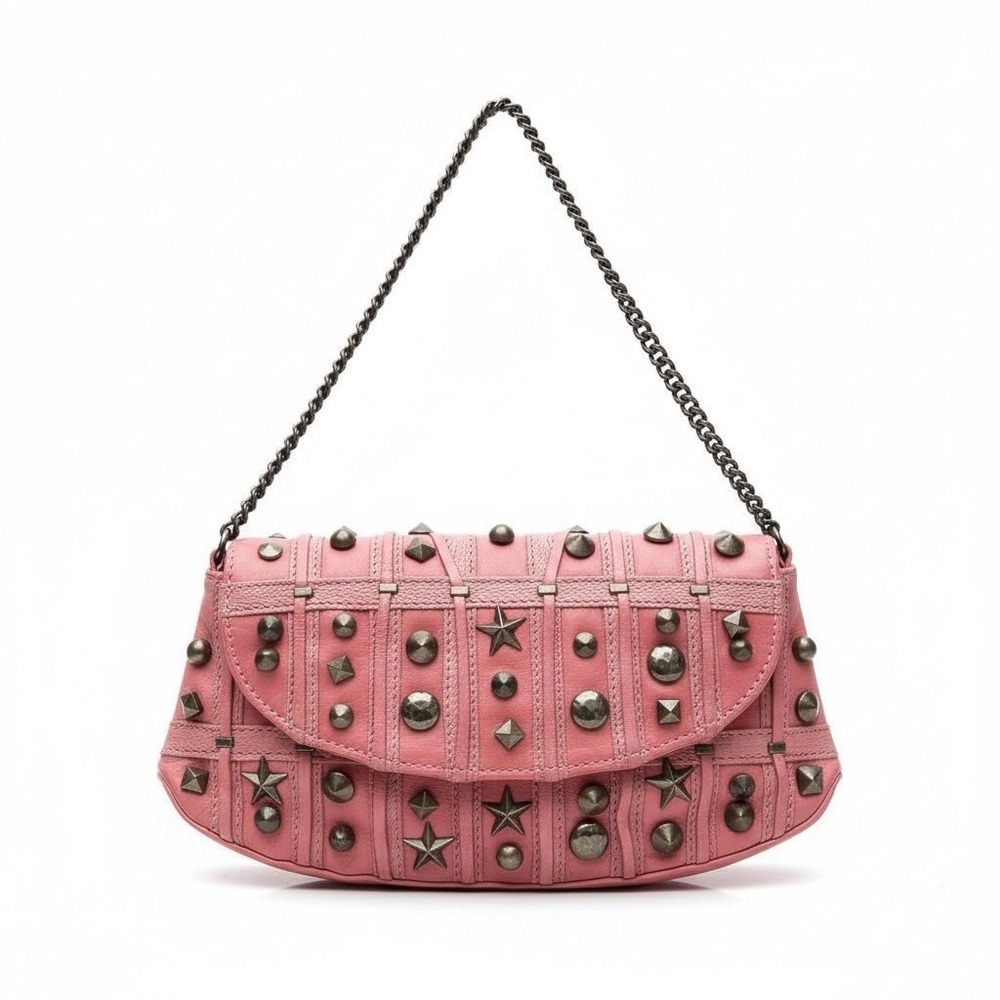 Betsey Johnson Vintage‎ Coral Studded Leather Shoulder Bag Brass Stars Iconic